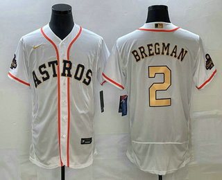 Men's Houston Astros #2 Alex Bregman 2023 White Gold World Serise Champions Patch Flex Base Stitched Jersey 01