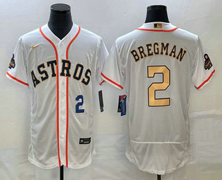 Men's Houston Astros #2 Alex Bregman Number 2023 White Gold World Serise Champions Patch Flex Base Stitched Jersey 01