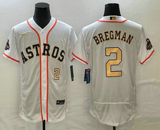 Men's Houston Astros #2 Alex Bregman Number 2023 White Gold World Serise Champions Patch Flex Base Stitched Jersey 02