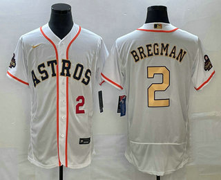 Men's Houston Astros #2 Alex Bregman Number 2023 White Gold World Serise Champions Patch Flex Base Stitched Jersey 03