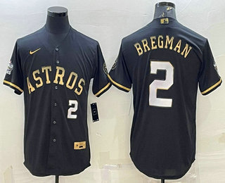 Men's Houston Astros #2 Alex Bregman Number Black Gold 2022 World Series Stitched Baseball Jersey