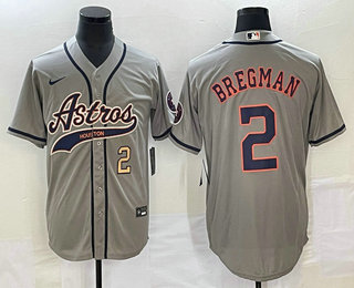 Men's Houston Astros #2 Alex Bregman Number Grey With Patch Cool Base Stitched Baseball Jersey