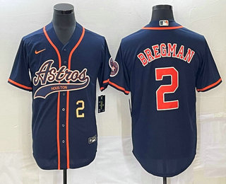 Men's Houston Astros #2 Alex Bregman Number Navy Blue With Patch Cool Base Stitched Baseball Jersey