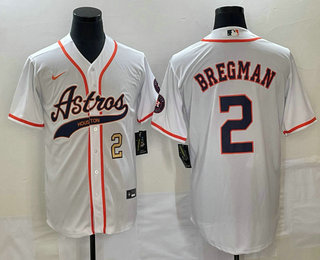 Men's Houston Astros #2 Alex Bregman Number White With Patch Cool Base Stitched Baseball Jersey