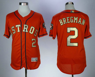 Men's Houston Astros #2 Alex Bregman Orange with Gold Stitched MLB 2017 World Series Champions Patch Flex Base Jersey