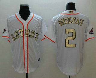 Men's Houston Astros #2 Alex Bregman White with Gold Home Majestic Cool Base Stitched 2017 World Series Champions Patch Jersey