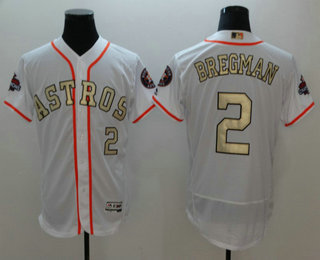 Men's Houston Astros #2 Alex Bregman White with Gold Home Stitched MLB 2017 World Series Champions Patch Flex Base Jersey