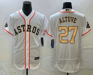 Men's Houston Astros #27 Jose Altuve 2023 White Gold World Serise Champions Patch Flex Base Stitched Jersey 01