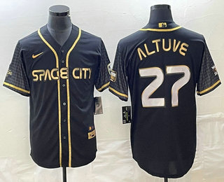 Men's Houston Astros #27 Jose Altuve Black Gold Cool Base Stitched Jersey