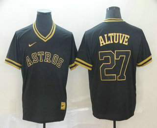 Men's Houston Astros #27 Jose Altuve Black Gold Nike Cooperstown Legend V Neck Jersey