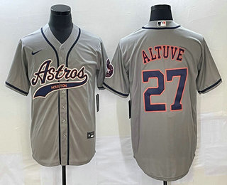 Men's Houston Astros #27 Jose Altuve Grey With Patch Cool Base Stitched Baseball Jersey