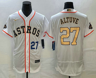 Men's Houston Astros #27 Jose Altuve Number 2023 White Gold World Serise Champions Patch Flex Base Stitched Jersey 01