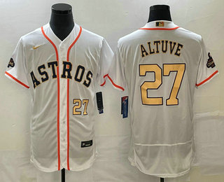 Men's Houston Astros #27 Jose Altuve Number 2023 White Gold World Serise Champions Patch Flex Base Stitched Jersey 02