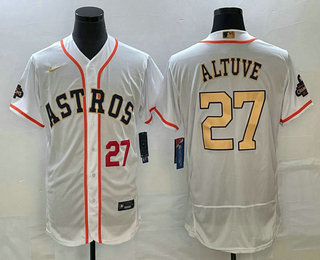 Men's Houston Astros #27 Jose Altuve Number 2023 White Gold World Serise Champions Patch Flex Base Stitched Jersey 03