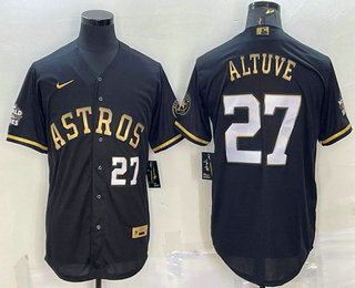 Men's Houston Astros #27 Jose Altuve Number Black Gold 2022 World Series Stitched Baseball Jersey