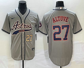 Men's Houston Astros #27 Jose Altuve Number Grey With Patch Cool Base Stitched Baseball Jersey