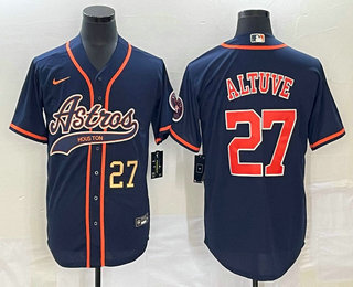 Men's Houston Astros #27 Jose Altuve Number Navy Blue With Patch Cool Base Stitched Baseball Jersey