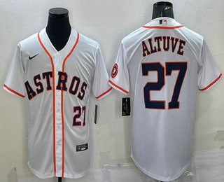 Men's Houston Astros #27 Jose Altuve Number White With Patch Stitched MLB Cool Base Nike Jersey