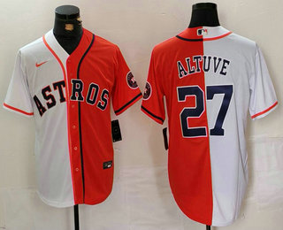 Men's Houston Astros #27 Jose Altuve White Orange Blue Number Split Stitched Baseball Jersey