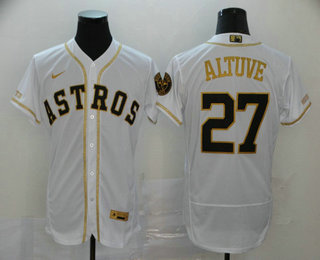 Men's Houston Astros #27 Jose Altuve White With Gold Stitched MLB Flex Base Nike Jersey