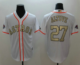 Men's Houston Astros #27 Jose Altuve White with Gold Home Majestic Cool Base Stitched 2017 World Series Champions Patch Jersey