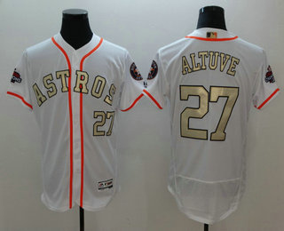 Men's Houston Astros #27 Jose Altuve White with Gold Home Stitched MLB 2017 World Series Champions Patch Flex Base Jersey