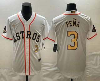 Men's Houston Astros #3 Jeremy Pena 2023 White Gold World Serise Champions Patch Cool Base Stitched Jersey 01