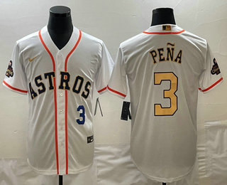 Men's Houston Astros #3 Jeremy Pena 2023 White Gold World Serise Champions Patch Cool Base Stitched Jersey 02