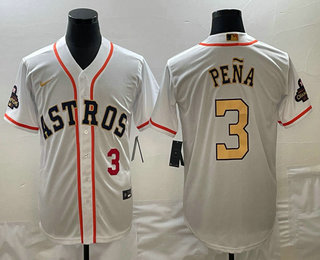 Men's Houston Astros #3 Jeremy Pena 2023 White Gold World Serise Champions Patch Cool Base Stitched Jersey 03