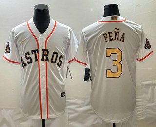 Men's Houston Astros #3 Jeremy Pena 2023 White Gold World Serise Champions Patch Cool Base Stitched Jersey 04