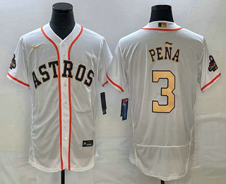 Men's Houston Astros #3 Jeremy Pena 2023 White Gold World Serise Champions Patch Flex Base Stitched Jersey 01