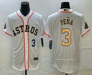 Men's Houston Astros #3 Jeremy Pena Number 2023 White Gold World Serise Champions Patch Flex Base Stitched Jersey 01