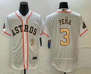 Men's Houston Astros #3 Jeremy Pena Number 2023 White Gold World Serise Champions Patch Flex Base Stitched Jersey 02