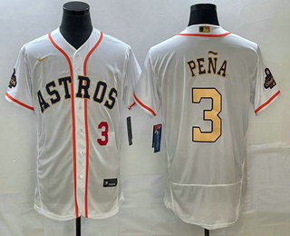 Men's Houston Astros #3 Jeremy Pena Number 2023 White Gold World Serise Champions Patch Flex Base Stitched Jersey 03