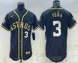 Men's Houston Astros #3 Jeremy Pena Number Black Gold 2022 World Series Stitched Flex Base Nike Jersey