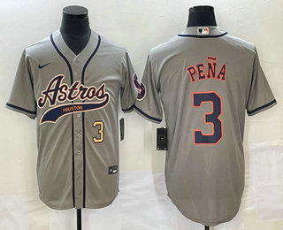 Men's Houston Astros #3 Jeremy Pena Number Grey With Patch Cool Base Stitched Baseball Jersey