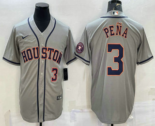 Men's Houston Astros #3 Jeremy Pena Number Grey With Patch Stitched MLB Cool Base Nike Jersey