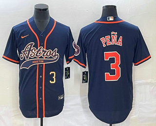 Men's Houston Astros #3 Jeremy Pena Number Navy Blue With Patch Cool Base Stitched Baseball Jersey