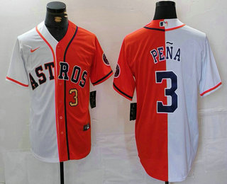 Men's Houston Astros #3 Jeremy Pena Number White Orange Split Stitched Baseball Jersey 01