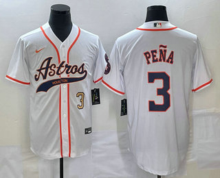 Men's Houston Astros #3 Jeremy Pena Number White With Patch Cool Base Stitched Baseball Jersey