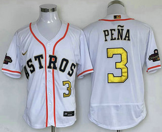 Men's Houston Astros #3 Jeremy Pena White 2023 Gold Collection With World Serise Champions Patch Stitched Baseball Jersey