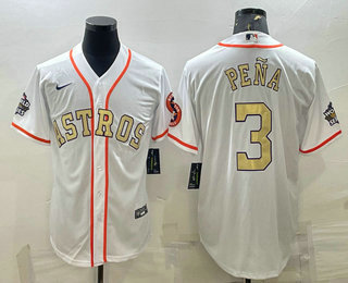 Men's Houston Astros #3 Jeremy Pena White Gold 2022 World Series Champions Stitched Cool Base Nike Jersey