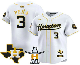 Men's Houston Astros #3 Jeremy Pena White Gold Houston Rodeo Patch Vapor Premier Limited Stitched Jersey