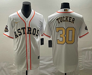 Men's Houston Astros #30 Kyle Tucker 2023 White Gold World Serise Champions Patch Cool Base Stitched Jersey 01