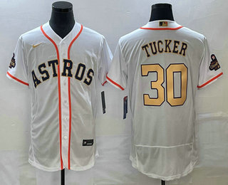 Men's Houston Astros #30 Kyle Tucker 2023 White Gold World Serise Champions Patch Flex Base Stitched Jersey 01