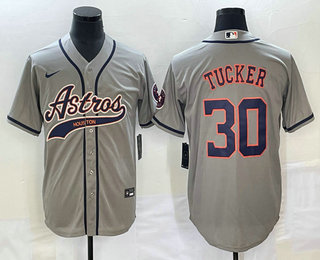 Men's Houston Astros #30 Kyle Tucker Grey With Patch Cool Base Stitched Baseball Jersey