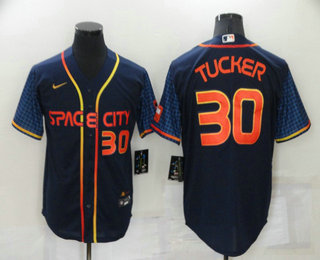 Men's Houston Astros #30 Kyle Tucker Number 2022 Navy Blue City Connect Cool Base Stitched Jersey