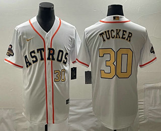 Men's Houston Astros #30 Kyle Tucker Number 2023 White Gold World Serise Champions Patch Cool Base Stitched Jersey 01