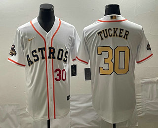 Men's Houston Astros #30 Kyle Tucker Number 2023 White Gold World Serise Champions Patch Cool Base Stitched Jersey 02