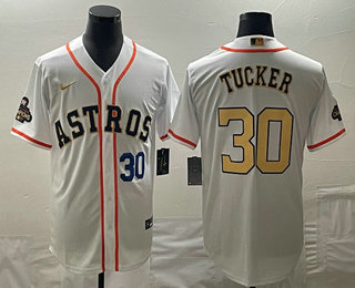 Men's Houston Astros #30 Kyle Tucker Number 2023 White Gold World Serise Champions Patch Cool Base Stitched Jersey 03